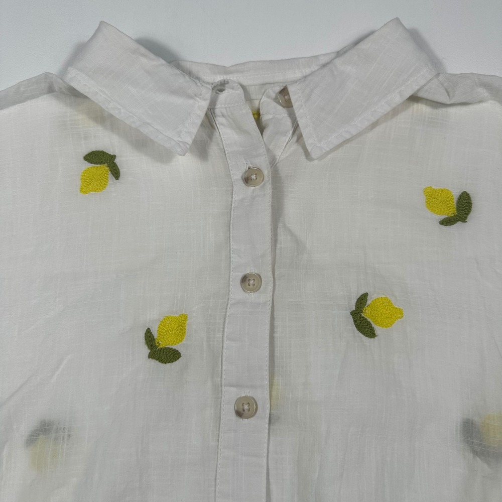 Maeve Button Down Shirt Women Medium Lemon Embroidered Short Sleeve White